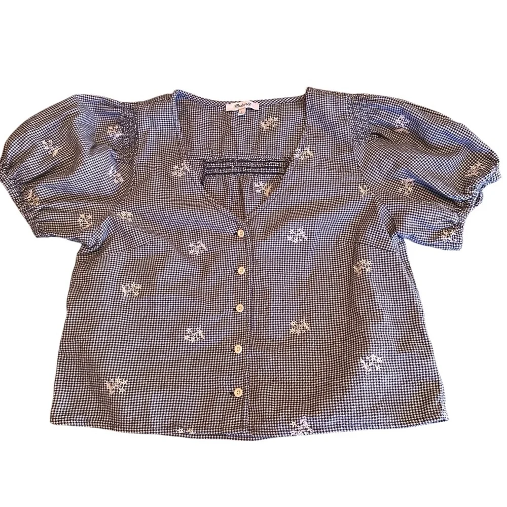 Madewell Black Gingham Floral Blouse S Embroidered Puff Sleeve Cottagecore Top